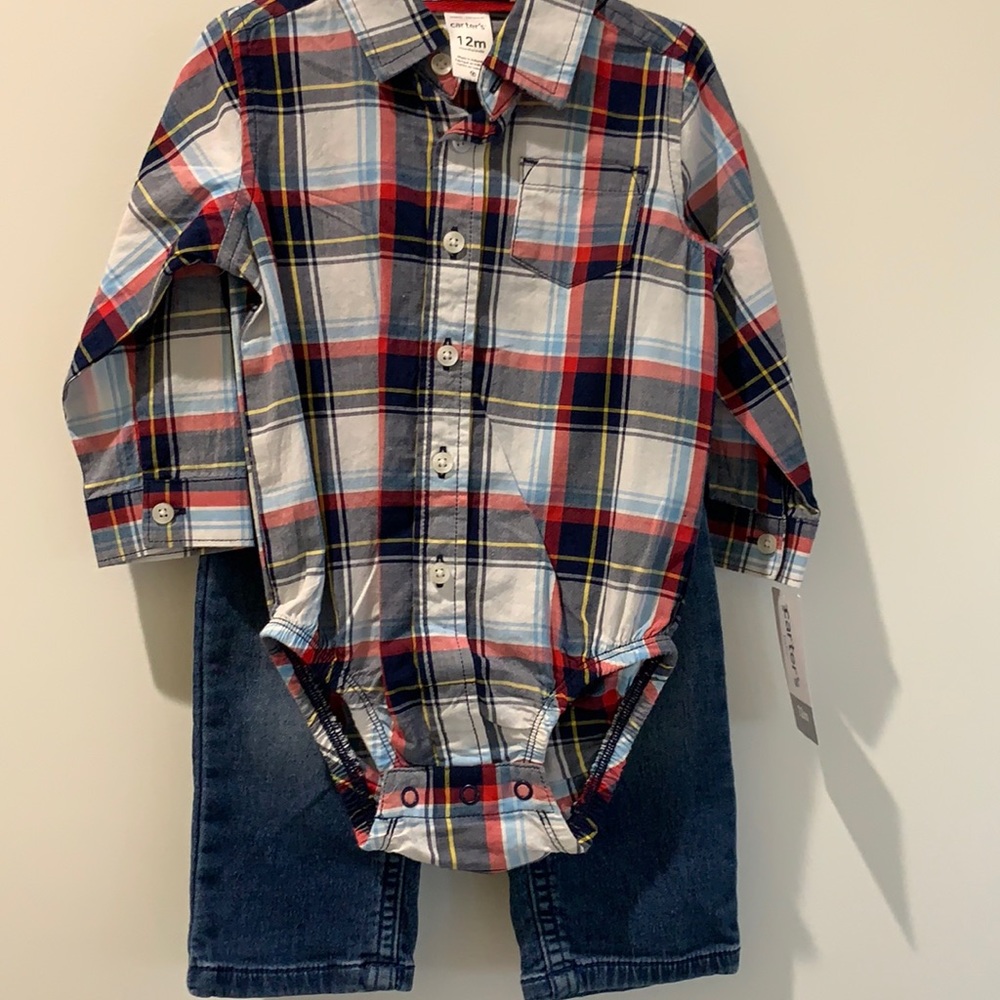 Carter’s Plaid Button Onesie w/jeans and suspenders - Toddler boys 12 month